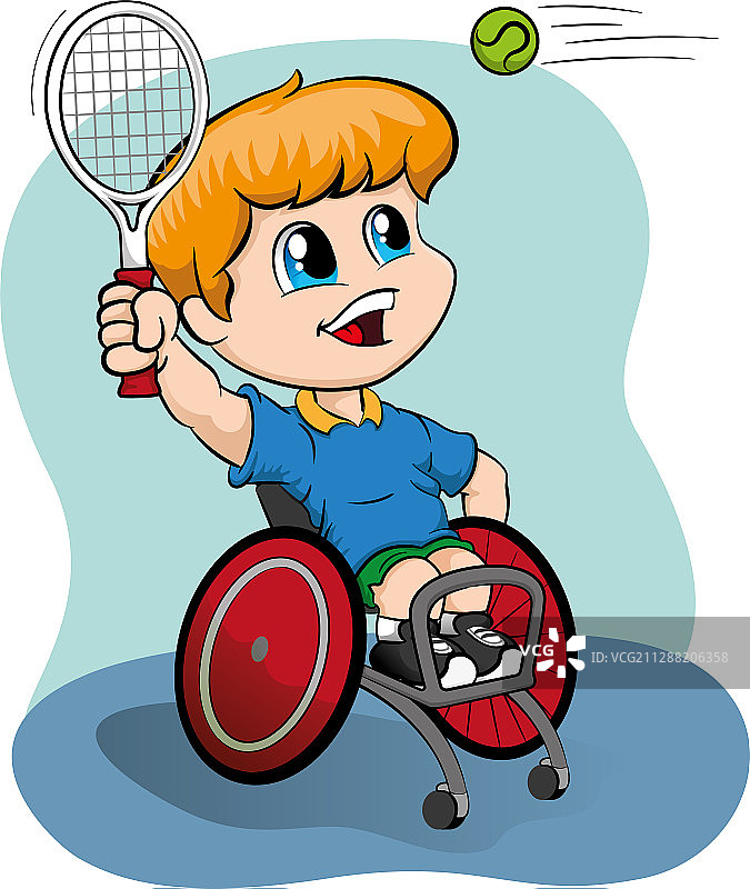 金发男孩坐轮椅打网球会图片素材
