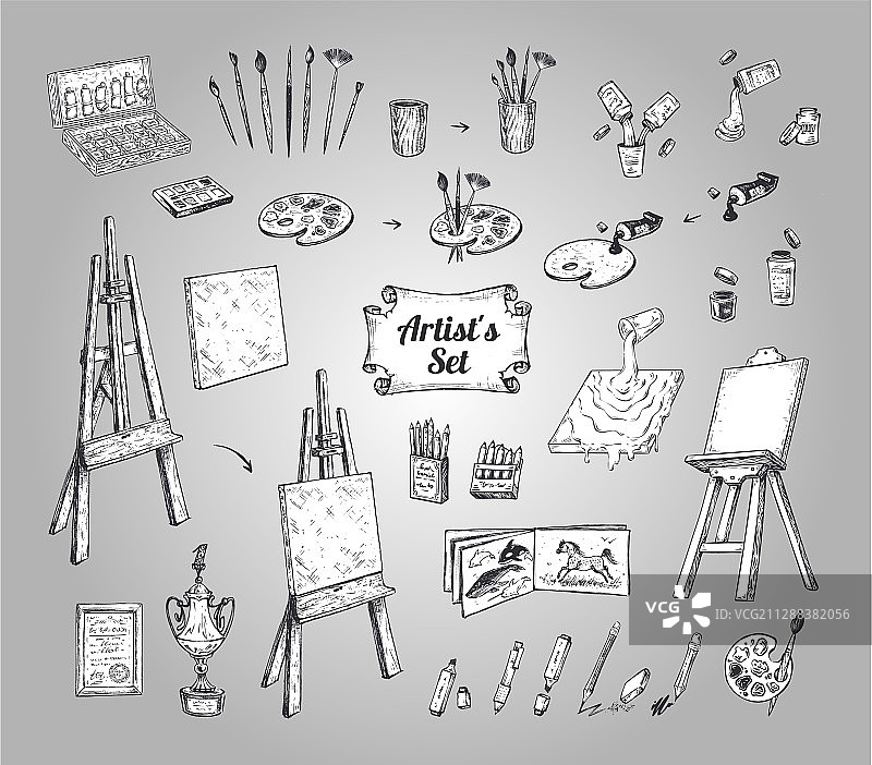 艺术家绘画用品或工具套装图片素材