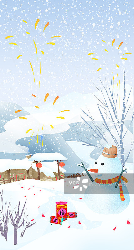 过年了放鞭炮农村雪景插画图片素材