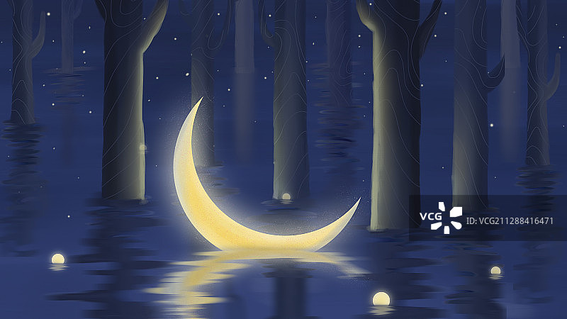深蓝色背景下水面上的水杉和弯月壁纸插画图片素材