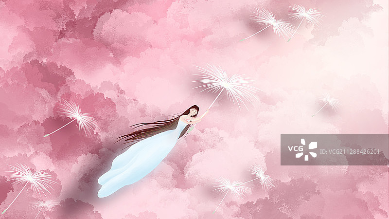 粉红色厚积云上女孩握着蒲公英飞起来图片素材