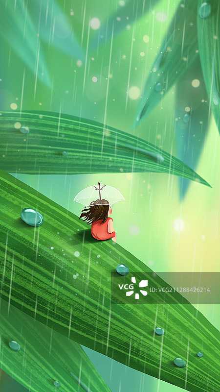 下雨天女孩撑着伞坐在竹叶上图片素材