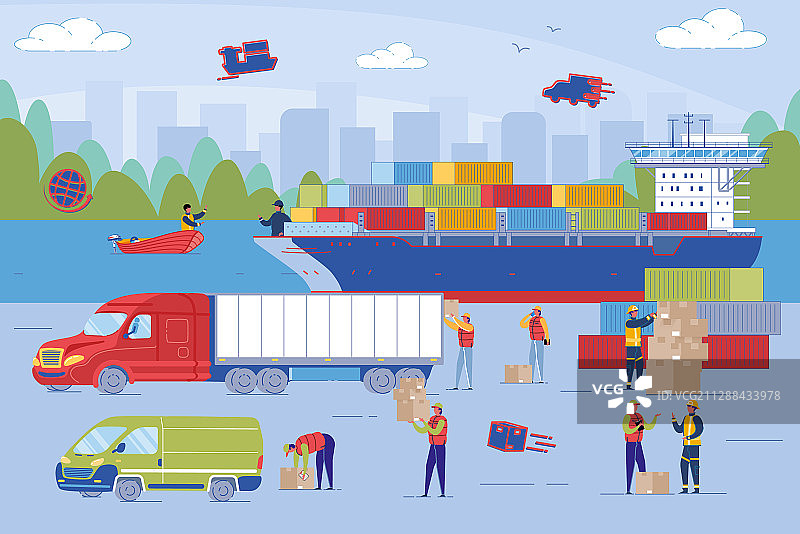 联合卸货船抵达大型港口图片素材