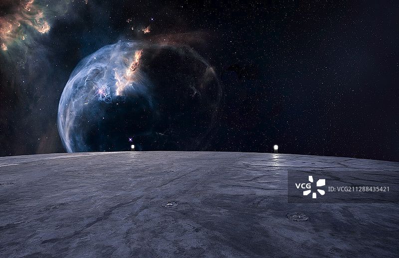 奇幻星空星云和顶楼飞机停机坪图片素材