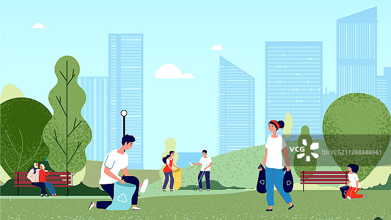 志愿者在城市公园收集垃圾图片素材