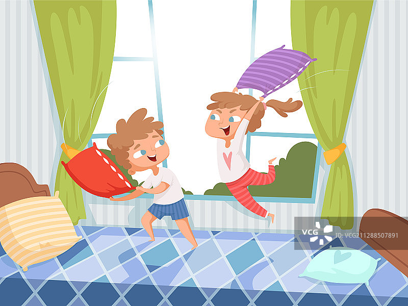 儿童房里在床上跳跃的枕头游戏图片素材