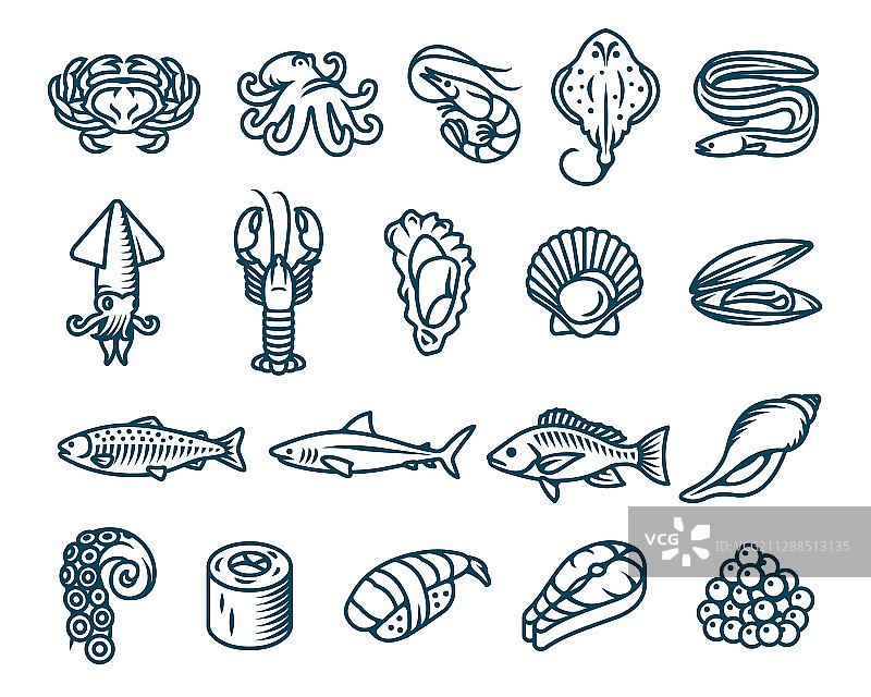 海鲜和鱼类独立图标合集图片素材