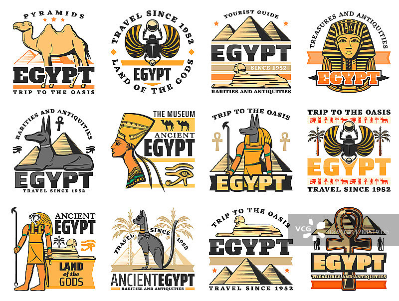 法老、金字塔、狮身人面像、阿努比斯和安卡符号图片素材