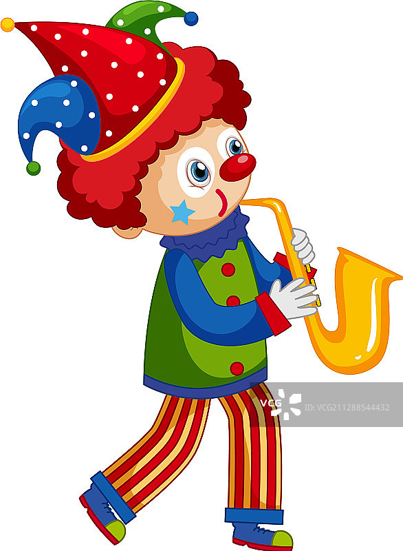 快乐的小丑在白色背景上演奏萨克斯图片素材