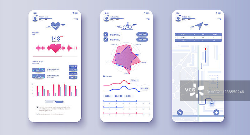 不同的UI UX GUI健身应用程序界面和扁平风格设计图片素材