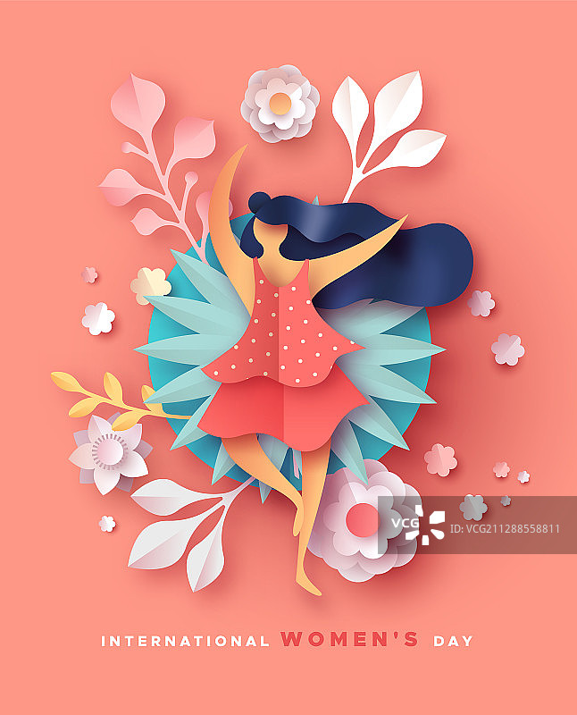 妇女节贺卡快乐剪纸花朵女人图片素材