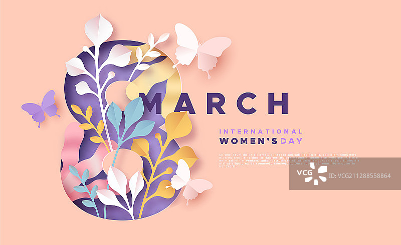 3月8日妇女节粉色剪纸风春季贺卡图片素材