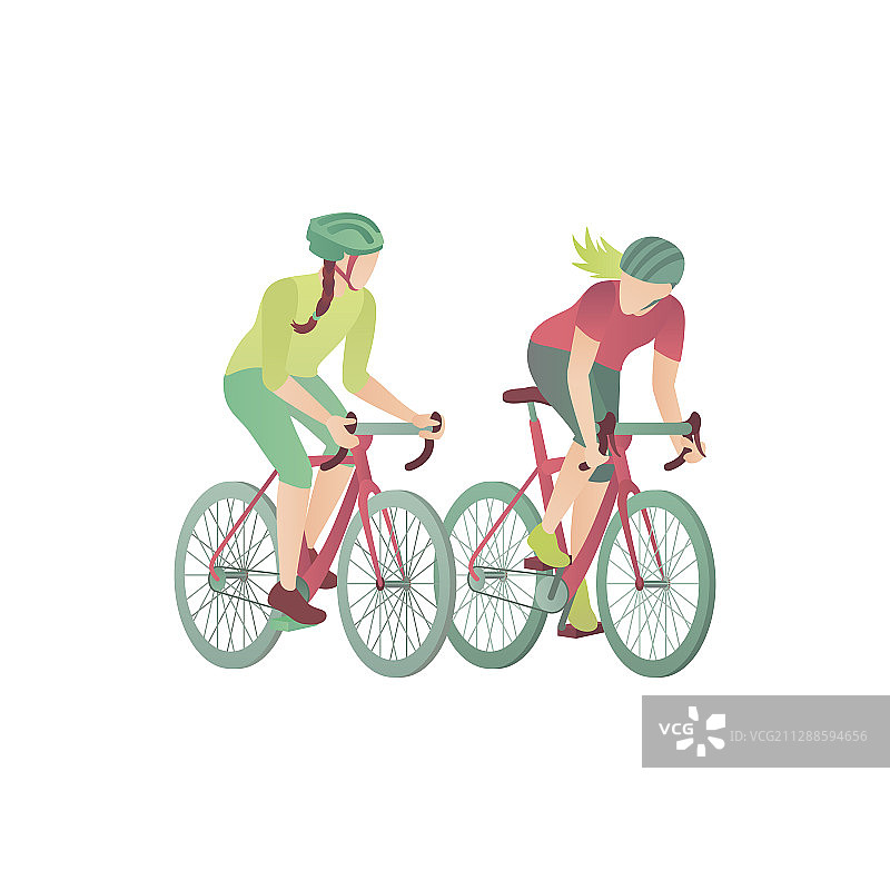 两个女孩骑着扁平风格的自行车图片素材