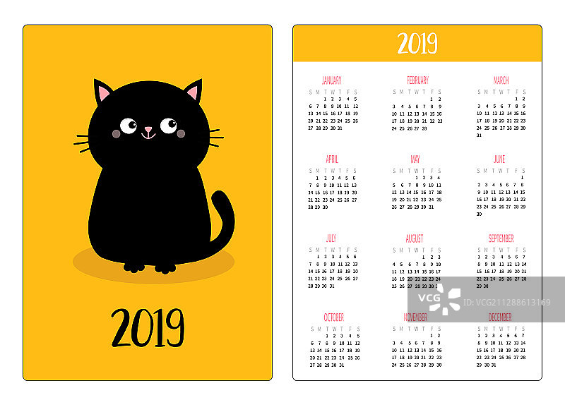 2019年袖珍日历，每周从周日开始图片素材