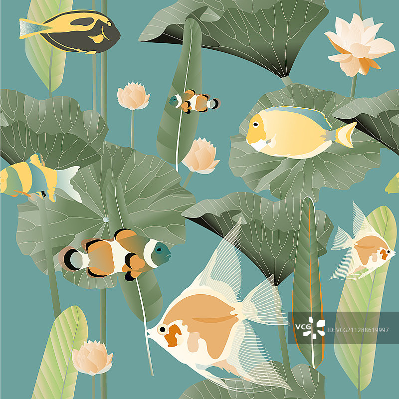 各种奇异热带鱼、海藻与棕榈树图片素材
