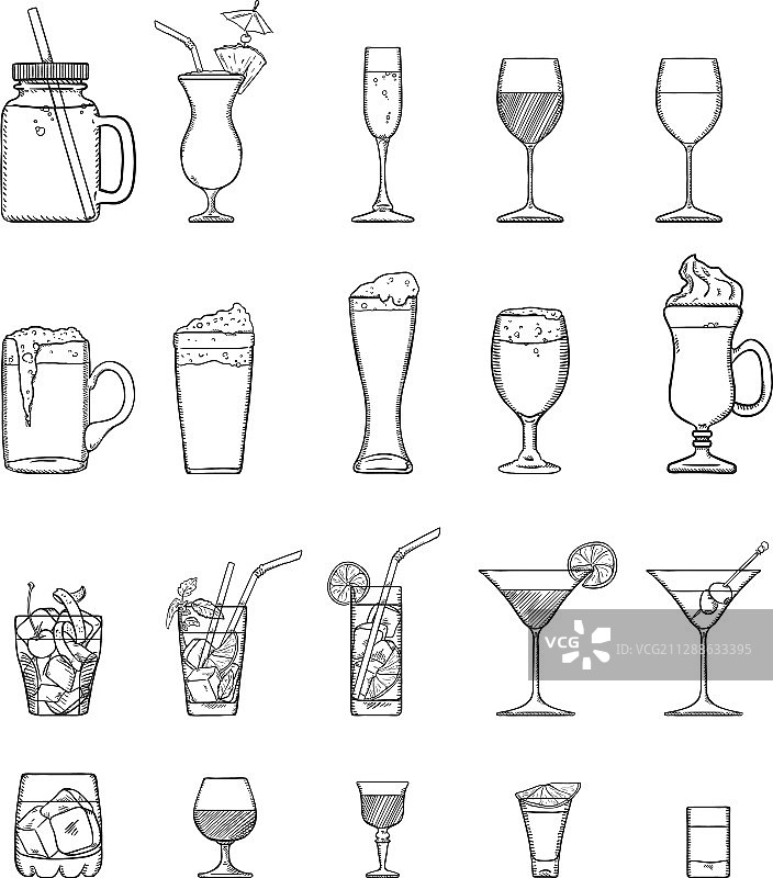 酒精软饮和鸡尾酒素描图片素材