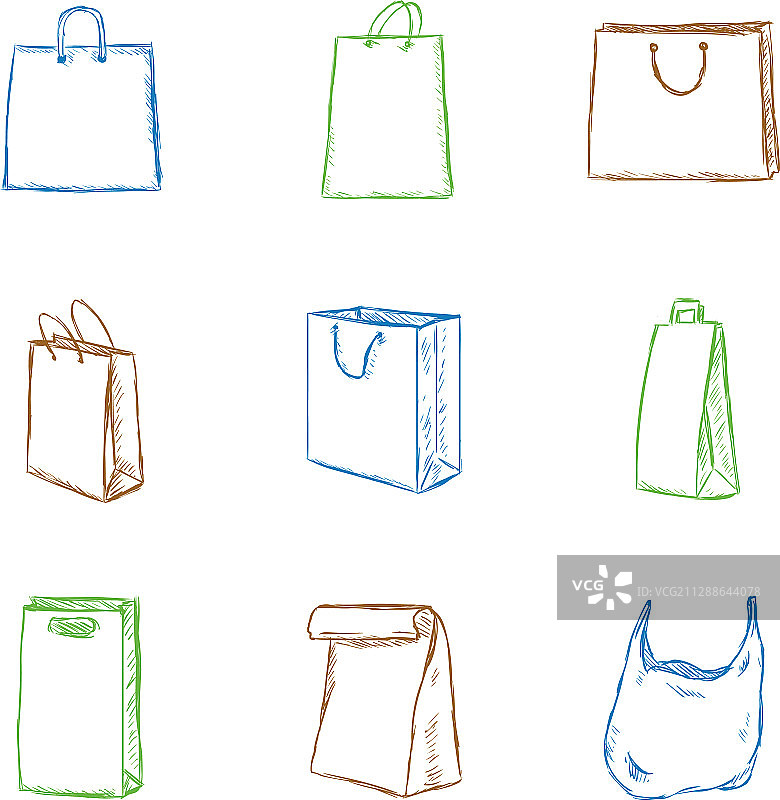 彩色购物袋草图图标合集图片素材
