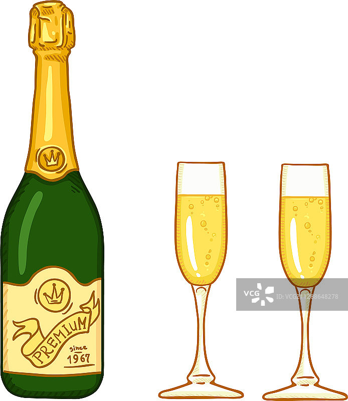 卡通香槟酒瓶和两个玻璃杯图片素材