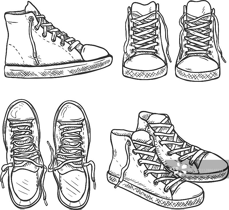 高帮胶鞋素描套装（侧面和正面）图片素材