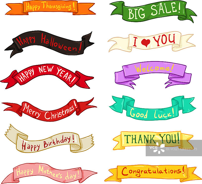 带有不同文本的彩色丝带横幅合集图片素材