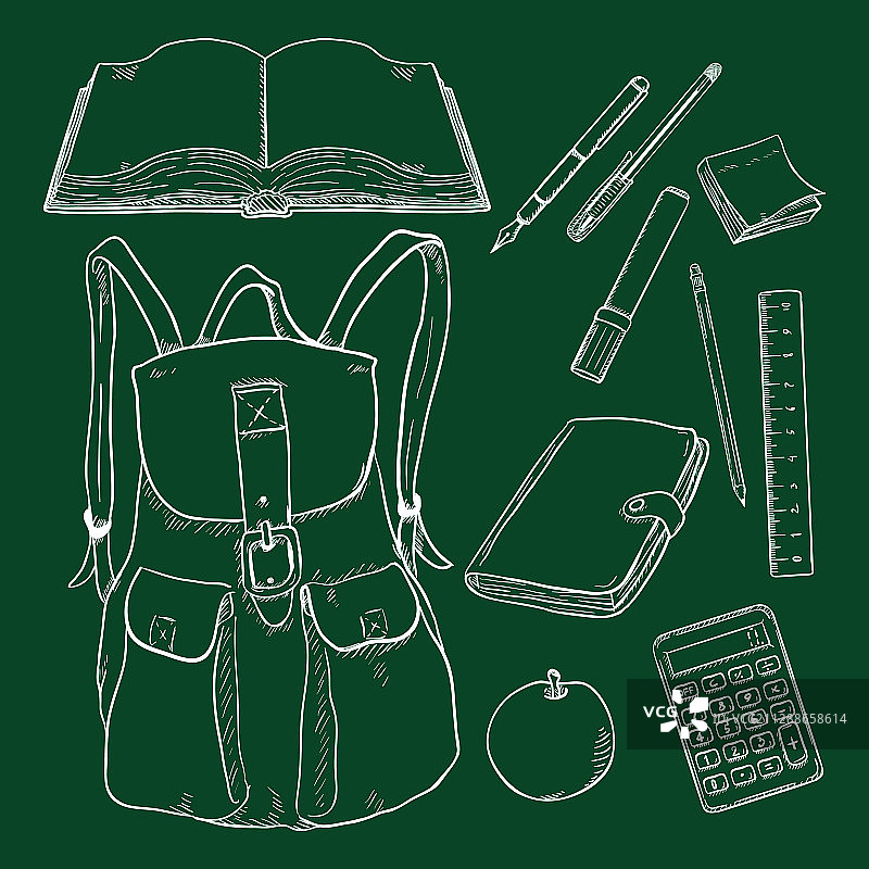 粉笔素描背包和学习用品图片素材