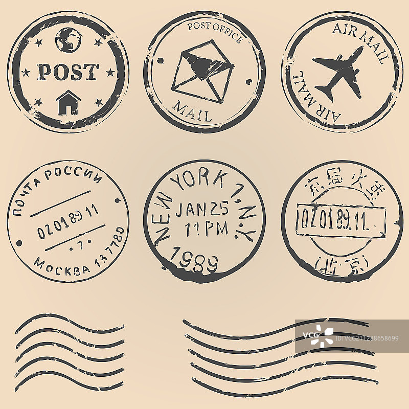 棕色背景上的邮票套装图片素材