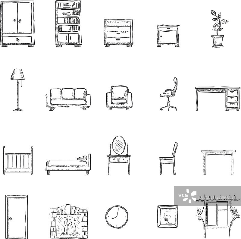 家具素描图标集合图片素材