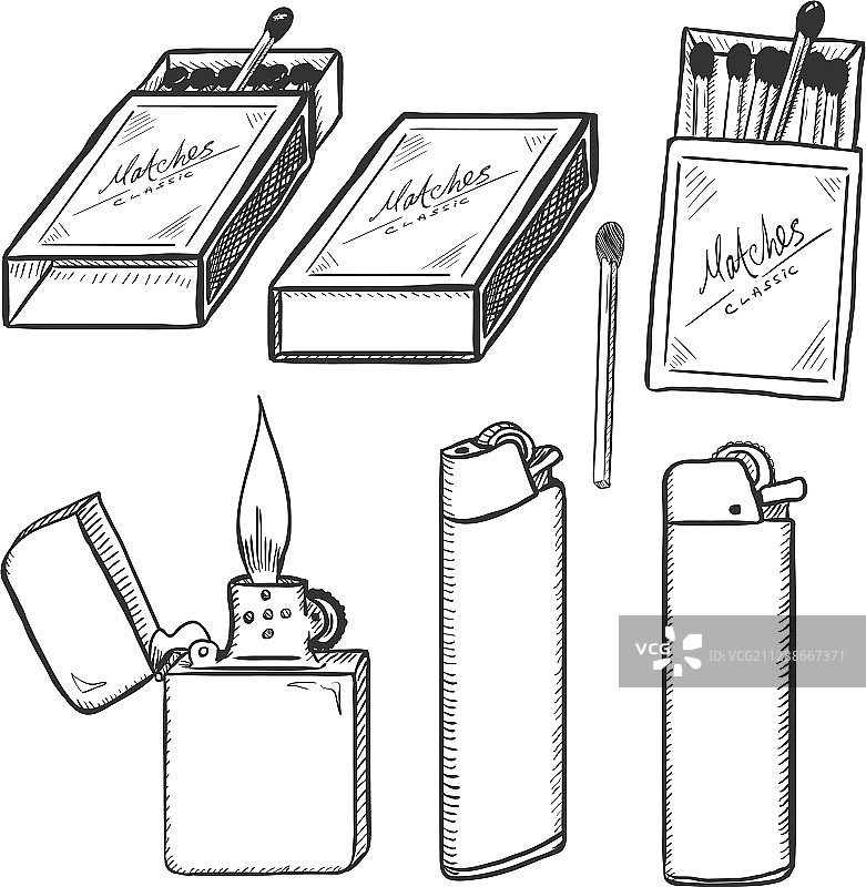 火柴、火柴盒和打火机的素描套装图片素材