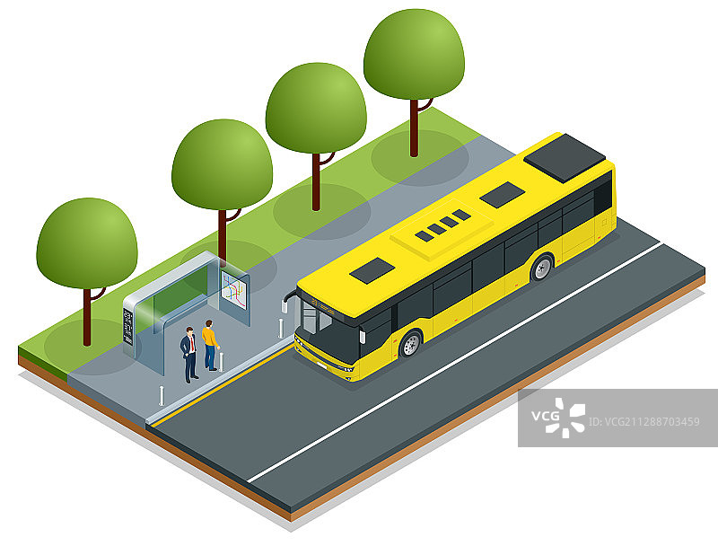 2.5D黄色城市巴士在公交车站图片素材
