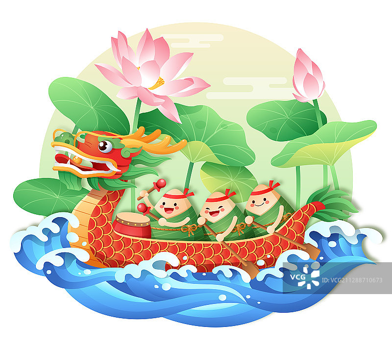 粽子划龙舟和荷花水浪背景图片素材