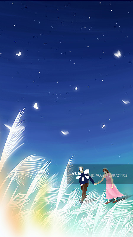 牵手的情侣在芦苇前散步插画图片素材