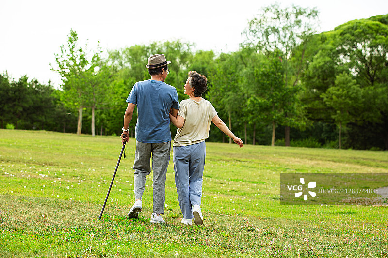 老年夫妻在户外公园草地散步图片素材
