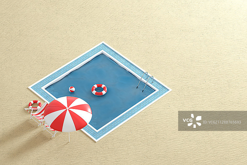 沙滩上的游泳池 3D渲染图片素材