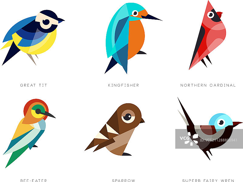 彩色风格化鸟类合集：大山雀图片素材