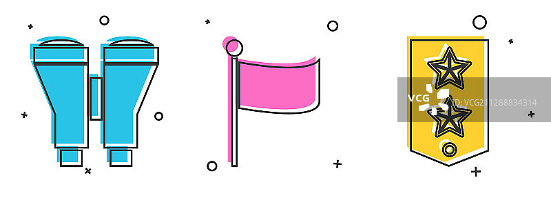 双筒望远镜、旗帜和V形臂章图标图片素材