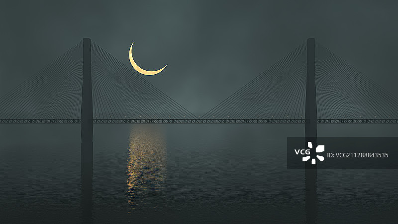 夜晚朦胧的水面与桥梁 3D渲染图片素材