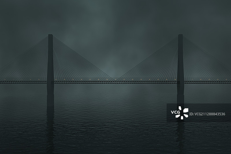 夜晚朦胧的水面与桥梁 3D渲染图片素材