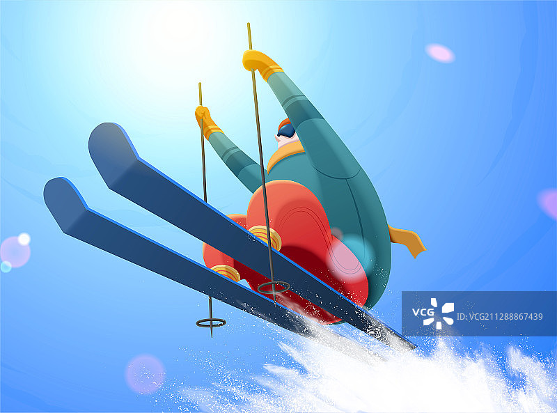 低视角滑雪运动员与喷溅雪花图片素材