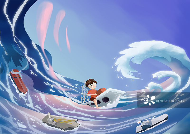 儿童在航空母舰上冲浪场景插画图片素材