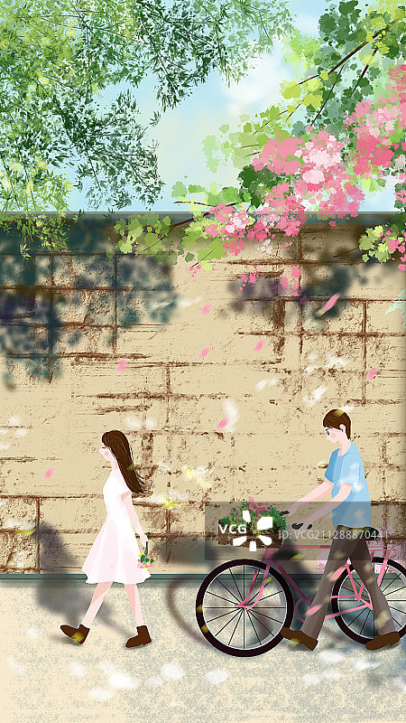 树荫下的一对正在散步的情侣图片素材