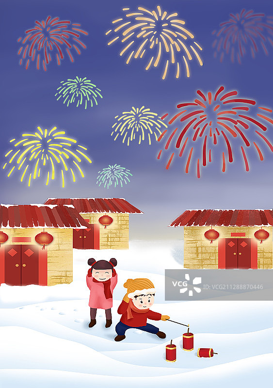 春节儿童在雪地上玩烟花场景插画图片素材