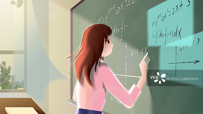 女老师在黑板前上课写粉笔字图片素材