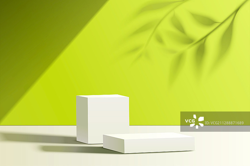 几何纯白展示台与亮绿色背景图片素材