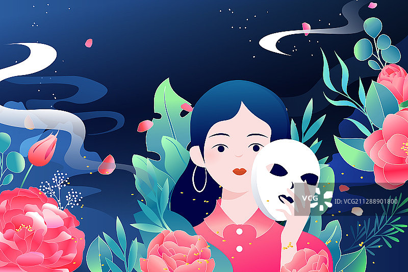 卡通美妆彩妆美容护肤保养面膜花卉电商促销活动矢量插画图片素材