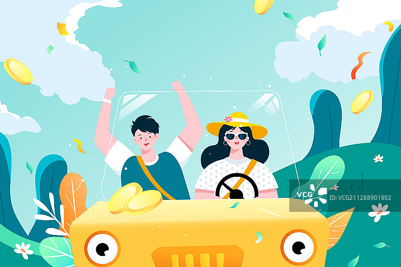 卡通夏季旅游出行自驾游情侣约会小长假电商促销活动矢量插画图片素材