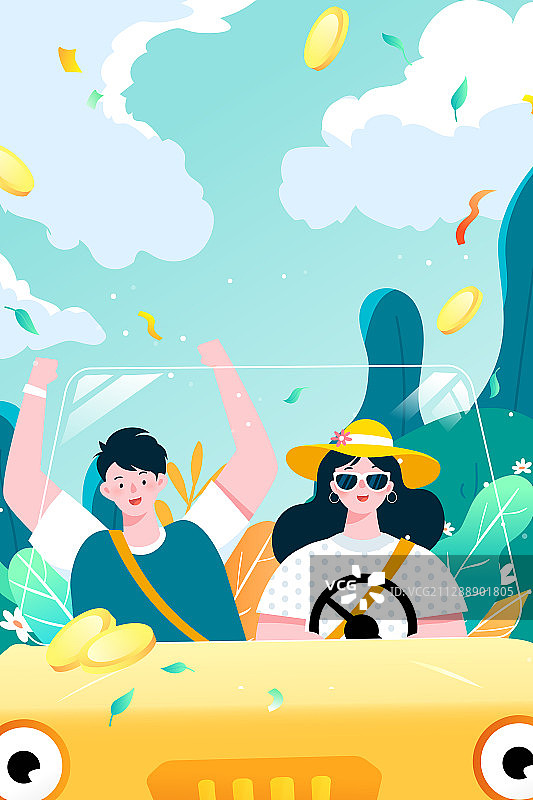 卡通夏季旅游出行自驾游情侣约会小长假电商促销活动矢量插画图片素材