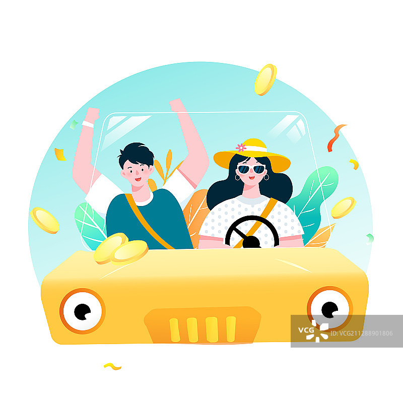 卡通夏季旅游出行自驾游情侣约会小长假电商促销活动矢量插画图片素材