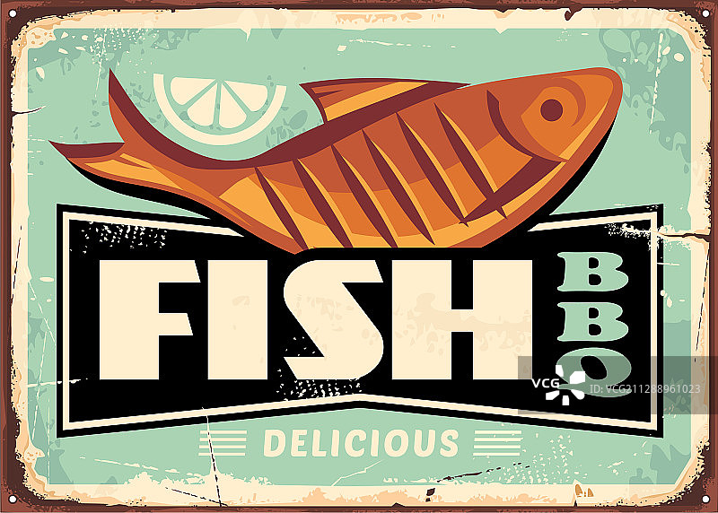 烤鱼和柠檬片的复古标志图片素材