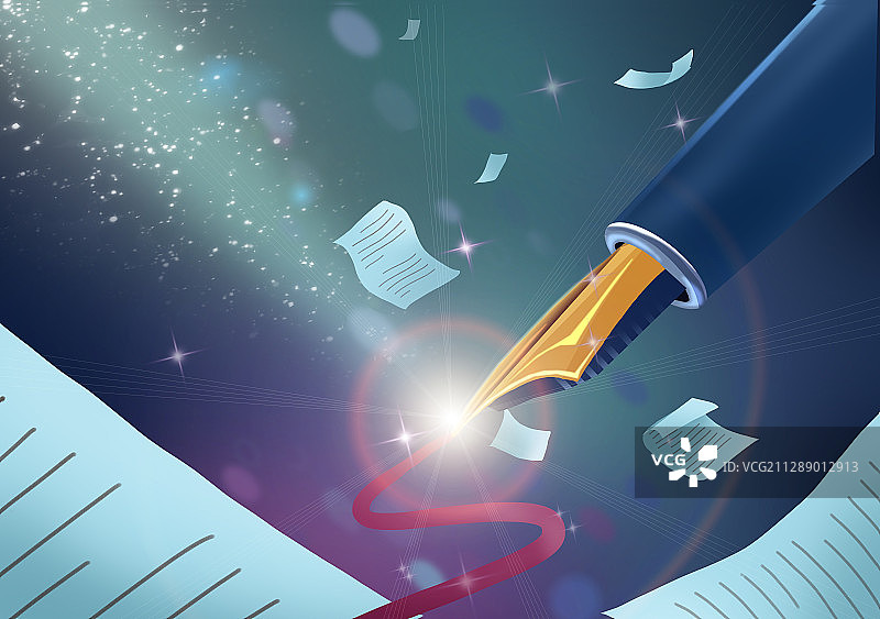 光芒背景的钢笔和飞舞的稿纸插画图片素材