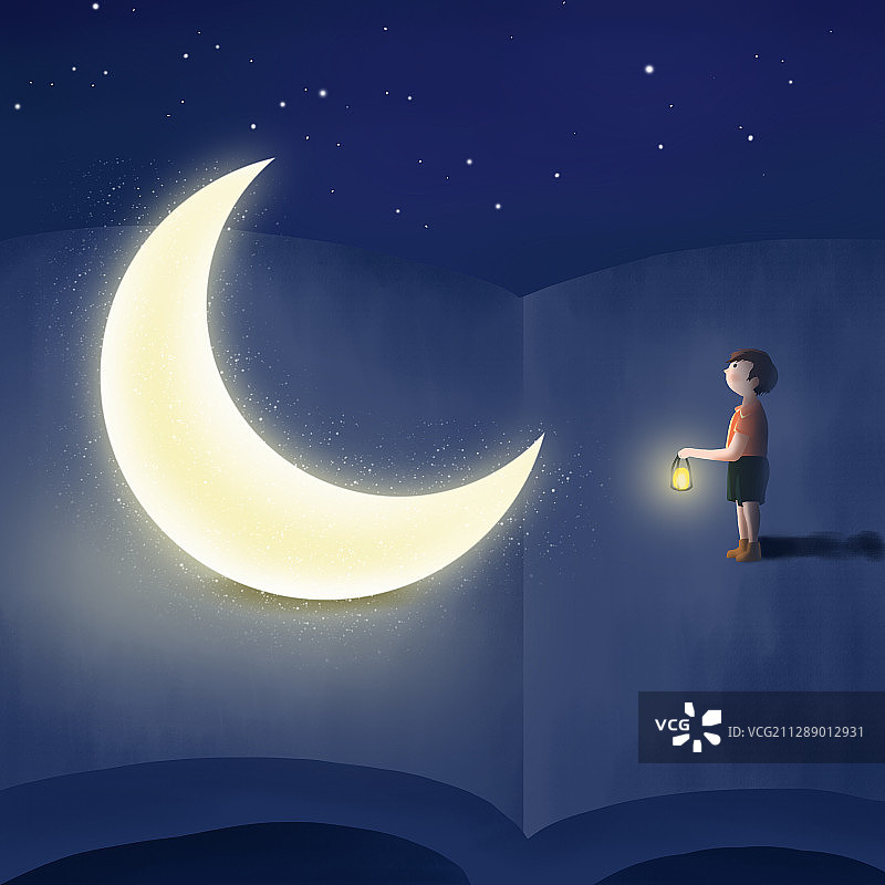 书本上的月亮与提油灯的男孩插画图片素材